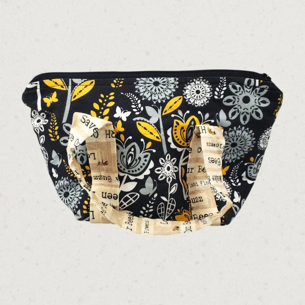 Handmade Quilted Honeybee Floral Fabric Zipper Pouch Small Handbag Black Yellow